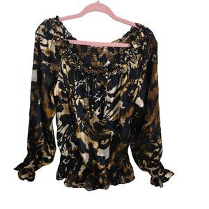 Cache Silk Animal Print Beaded Smocked Detail Balloon Sleeve Beaded Tie Size M